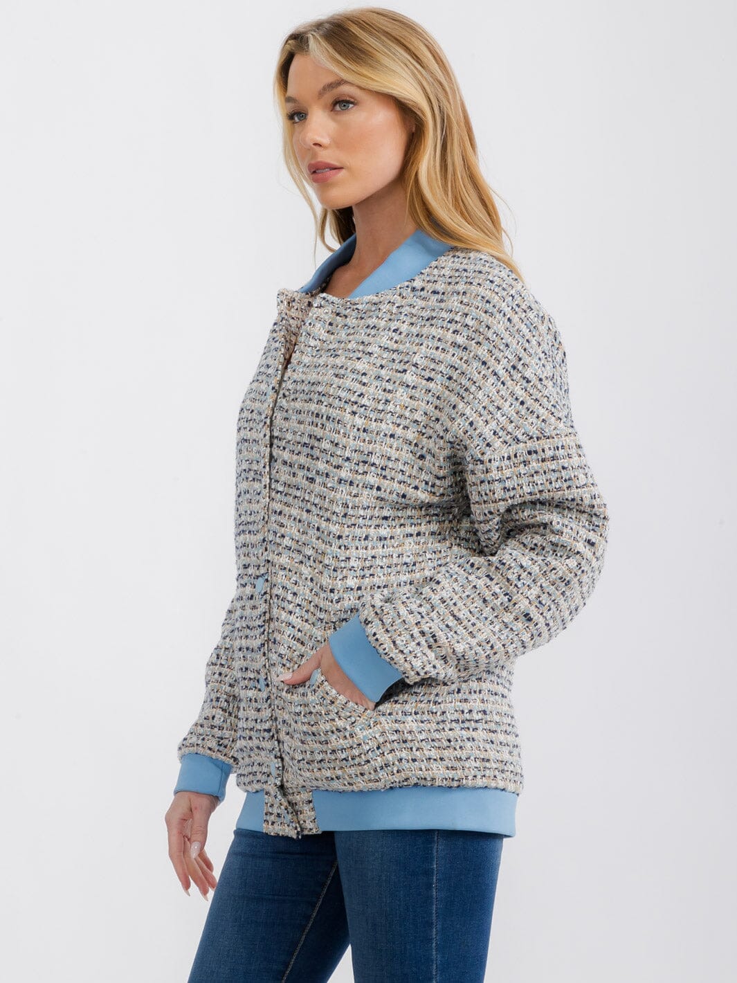 WOMEN'S LONG SLEEVE BUTTON UP POCKETS TWEED JACKET
