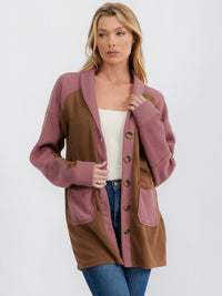 WOMEN'S LONG SLEEVE BUTTON CLOSURE FRONT POCKETS COLORBLOCK CARDIGAN