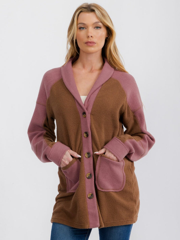 WOMEN'S LONG SLEEVE BUTTON CLOSURE FRONT POCKETS COLORBLOCK CARDIGAN