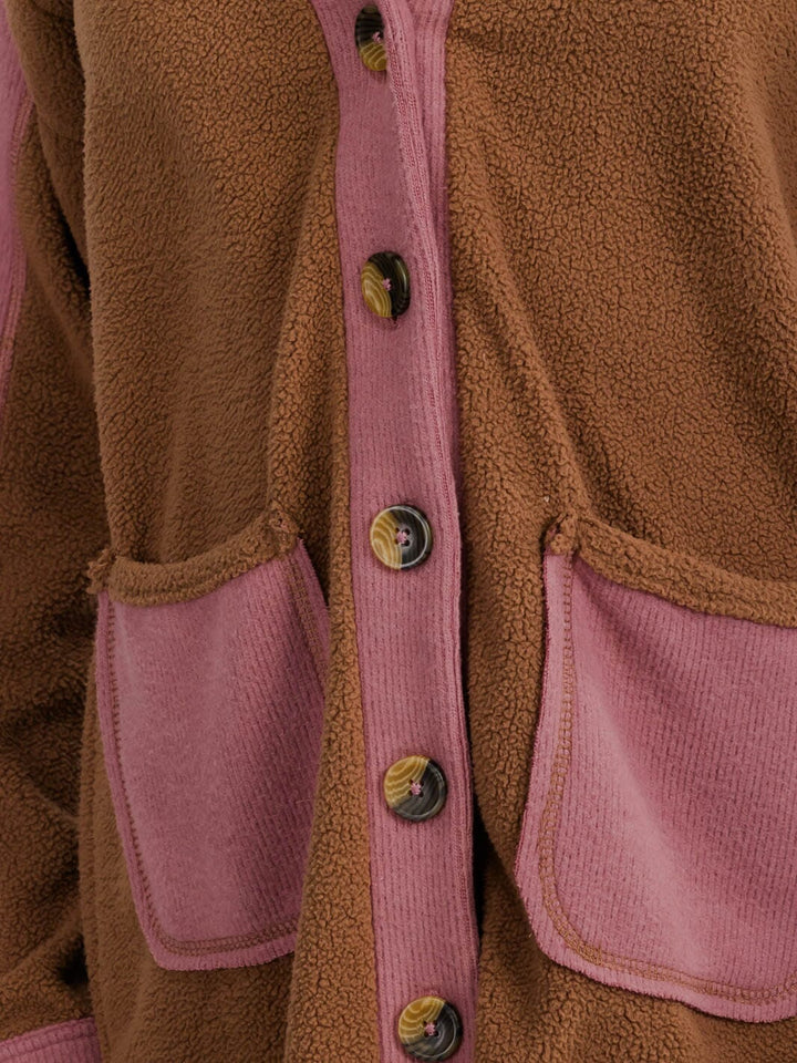 WOMEN'S LONG SLEEVE BUTTON CLOSURE FRONT POCKETS COLORBLOCK CARDIGAN