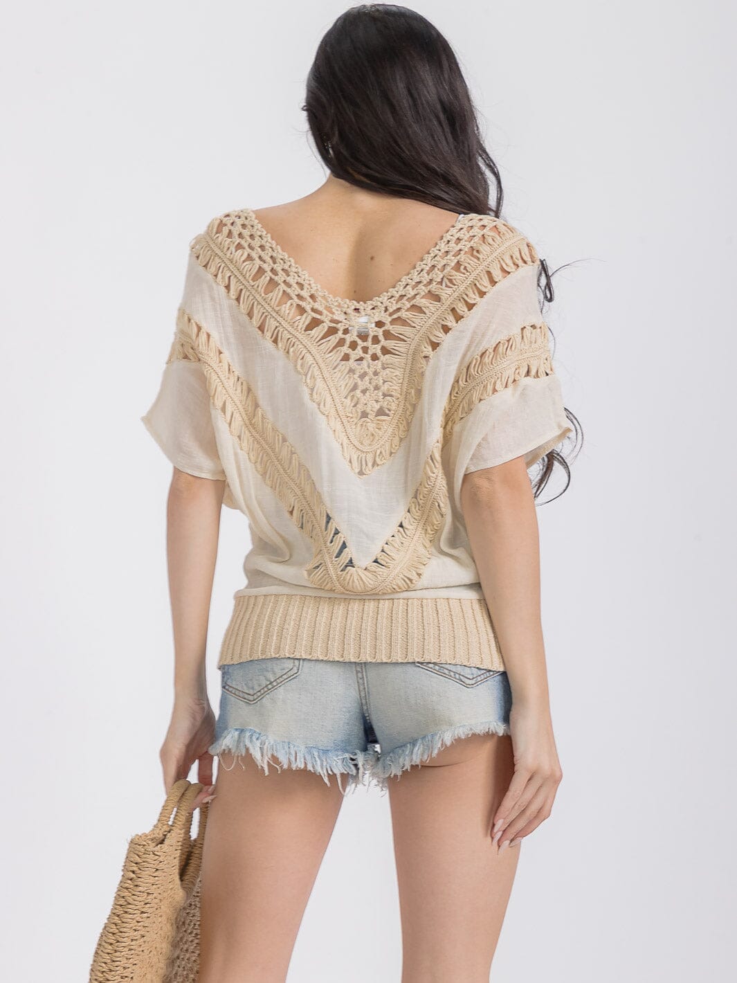 WOMEN'S SHORT SLEEVES KNIT TRIM TUNIC TOP