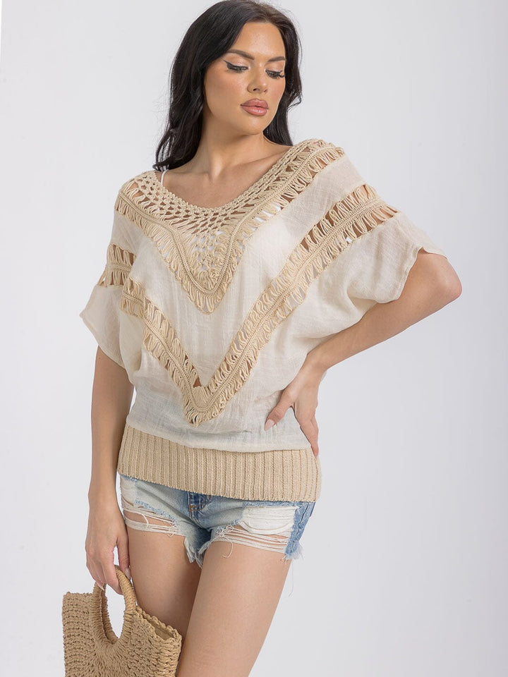 WOMEN'S SHORT SLEEVES KNIT TRIM TUNIC TOP