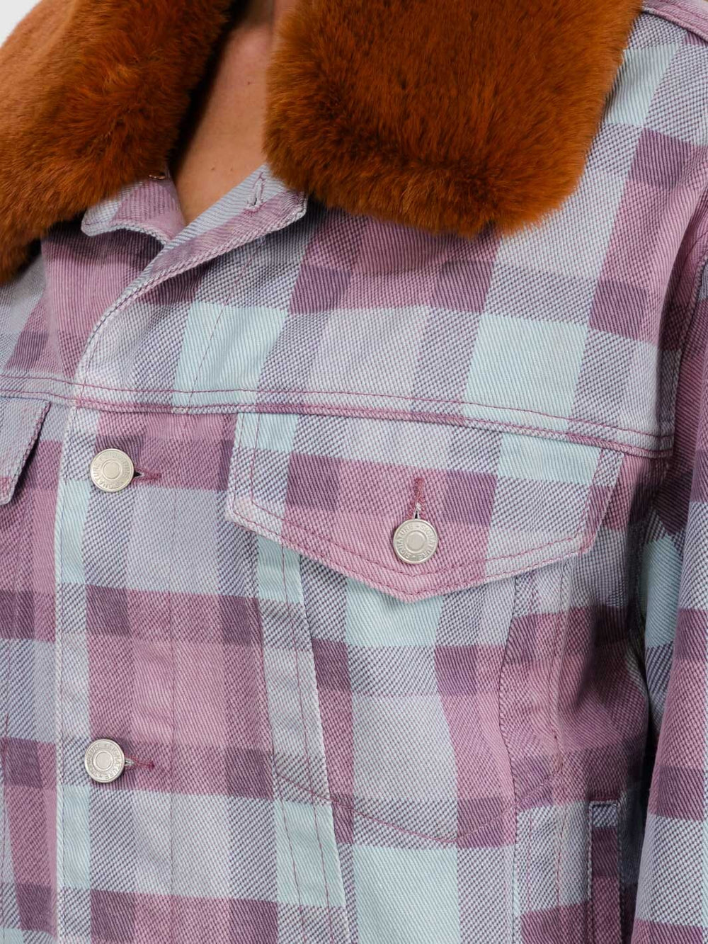 WOMEN'S LONG SLEEVE REMOVABLE SHERPA NECK BUTTON CLOSURE CHECKERS DENIM JACKET