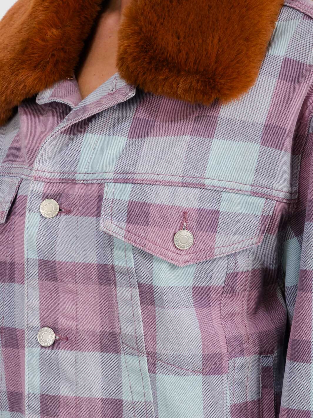 WOMEN'S LONG SLEEVE REMOVABLE SHERPA NECK BUTTON CLOSURE CHECKERS DENIM JACKET