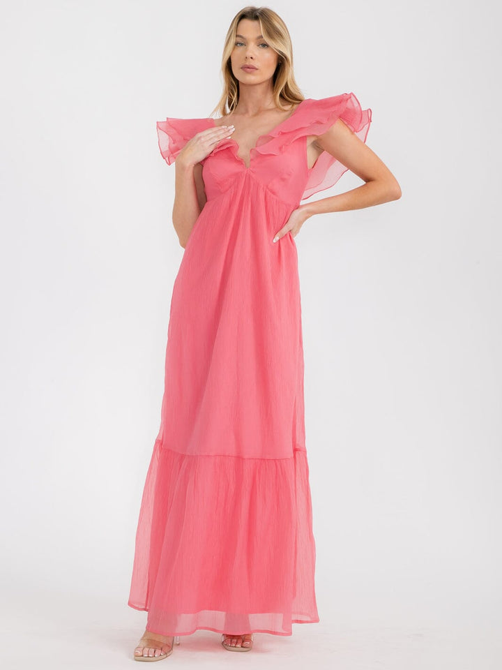 WOMEN'S SLEEVELESS RUFFLE V-NECK MAXI DRESS