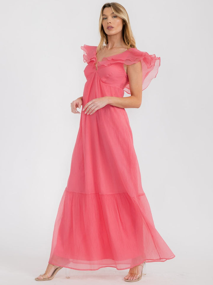 WOMEN'S SLEEVELESS RUFFLE V-NECK MAXI DRESS