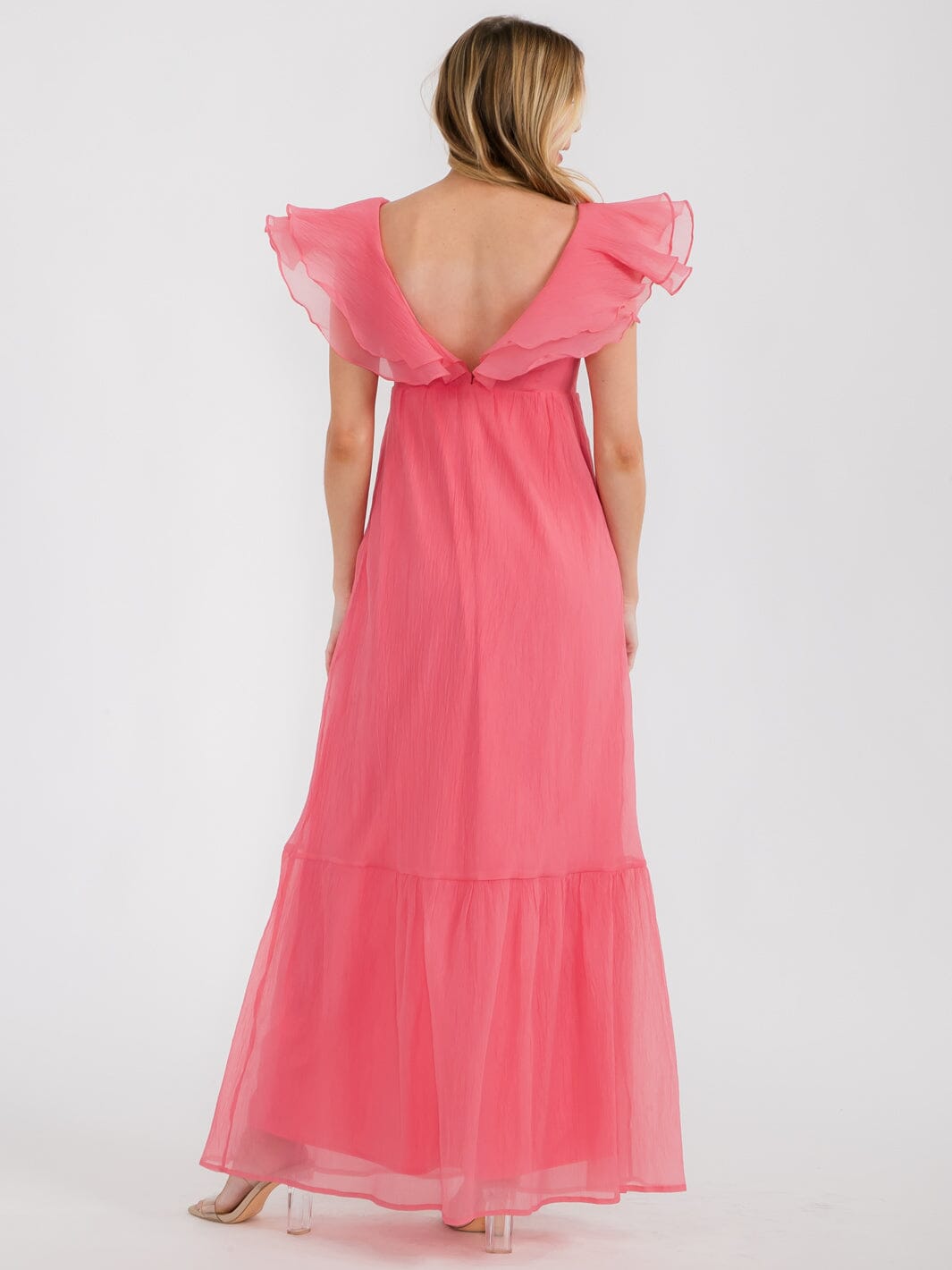 WOMEN'S SLEEVELESS RUFFLE V-NECK MAXI DRESS