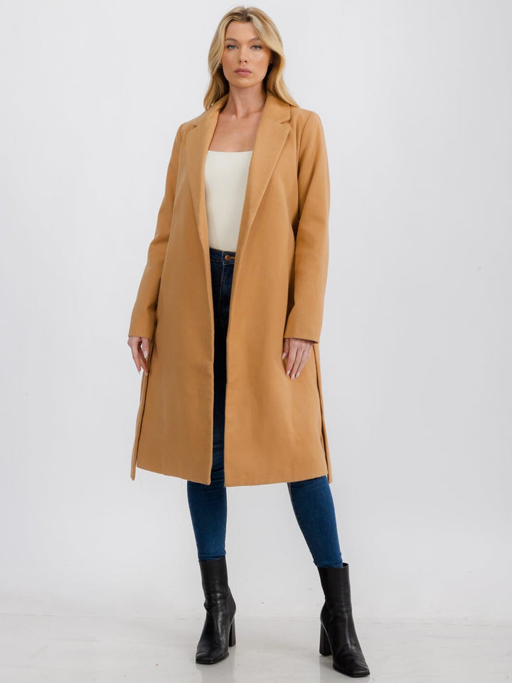 WOMEN'S LONG SLEEVE OPEN FRONT SELF TIE COAT