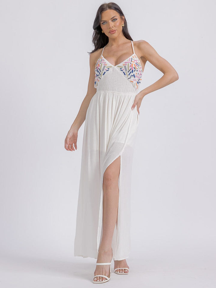 WOMEN'S SLEEVELESS V-NECK SMOCK OPEN BACK MAXI DRESS