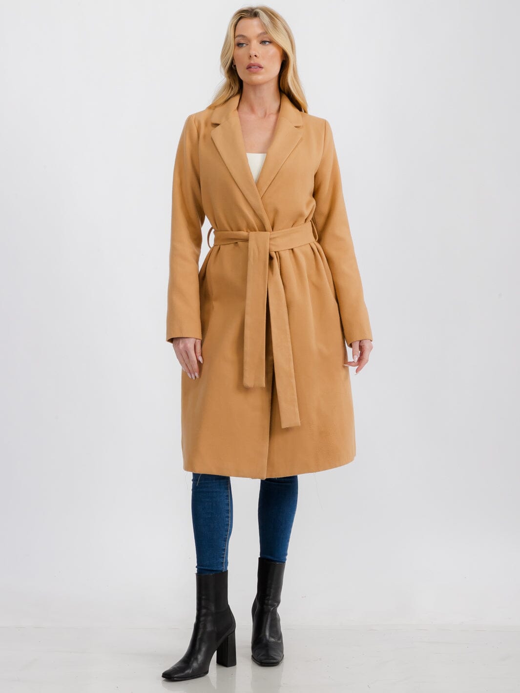 WOMEN'S LONG SLEEVE OPEN FRONT SELF TIE COAT