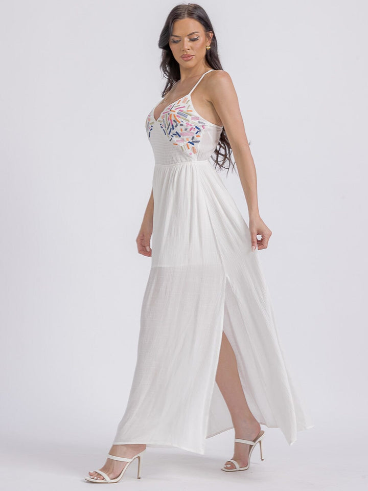 WOMEN'S SLEEVELESS V-NECK SMOCK OPEN BACK MAXI DRESS