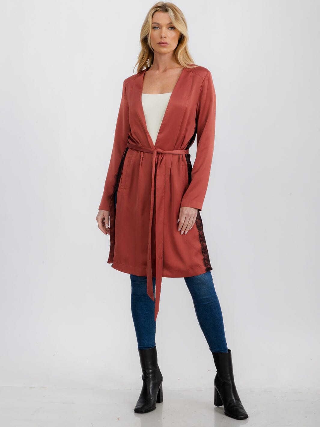 WOMEN'S LONG SLEEVE OPEN FRONT SELF TIE SIDE LACE DETAIED CARDIGAN