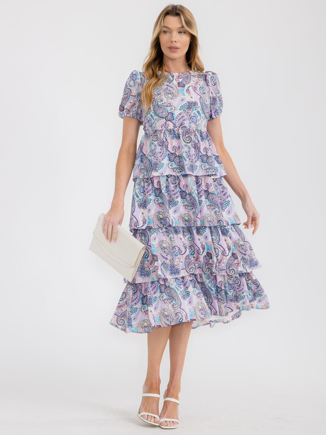 WOMEN'S SHORT PUFF SLEEVE TIERED PAISLEY PRINT MIDI DRESS