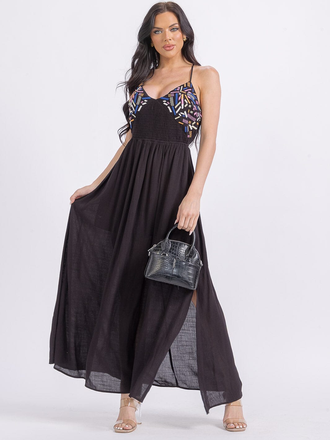 WOMEN'S SLEEVELESS V-NECK SMOCK OPEN BACK MAXI DRESS WOMEN'S SLEEVELESS V-NECK SMOCK OPEN BACK MAXI DRESS