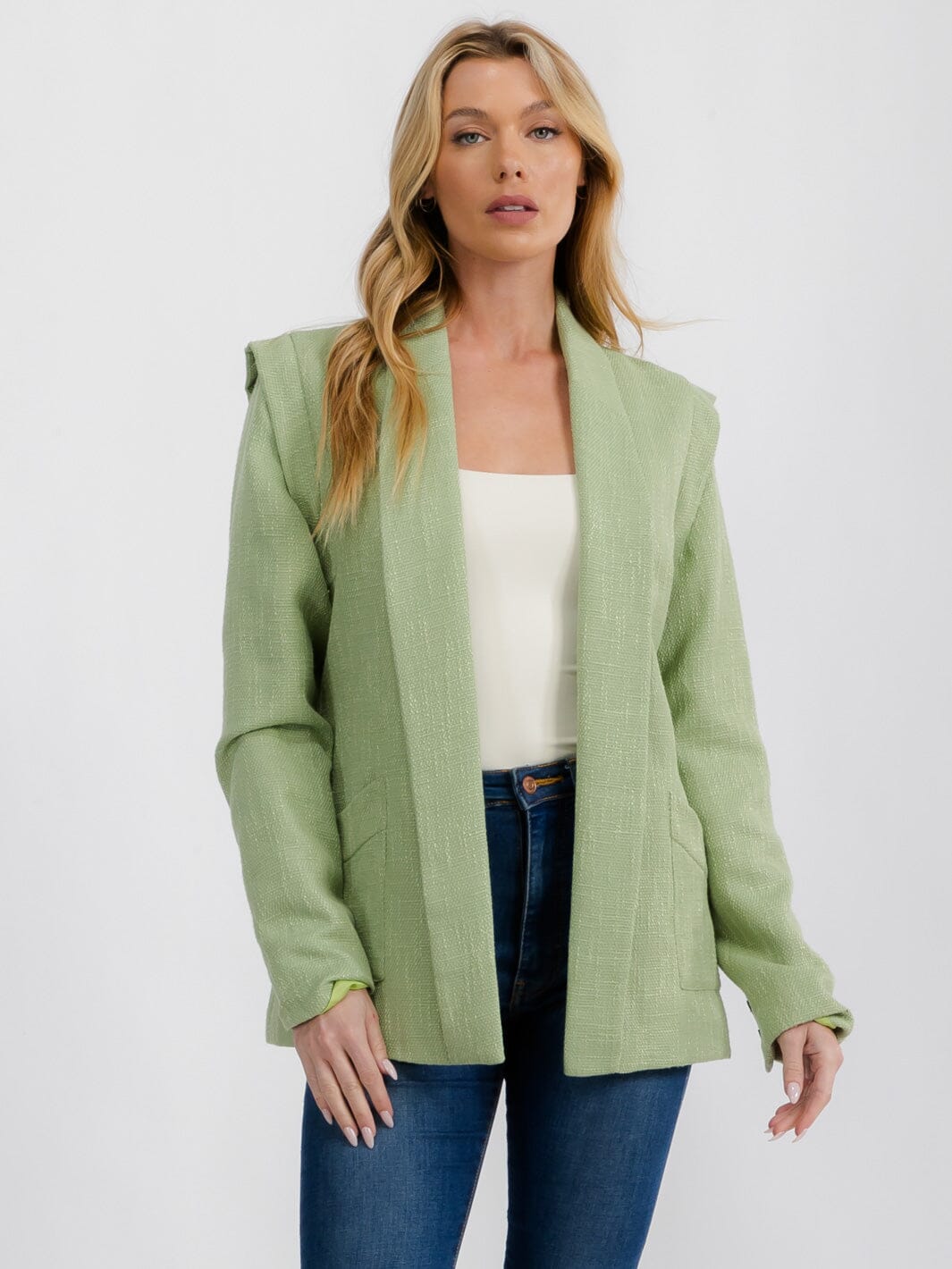 WOMEN'S LONG SLEEVE OPEN FRONT SHOULDER DETAILED BLAZER