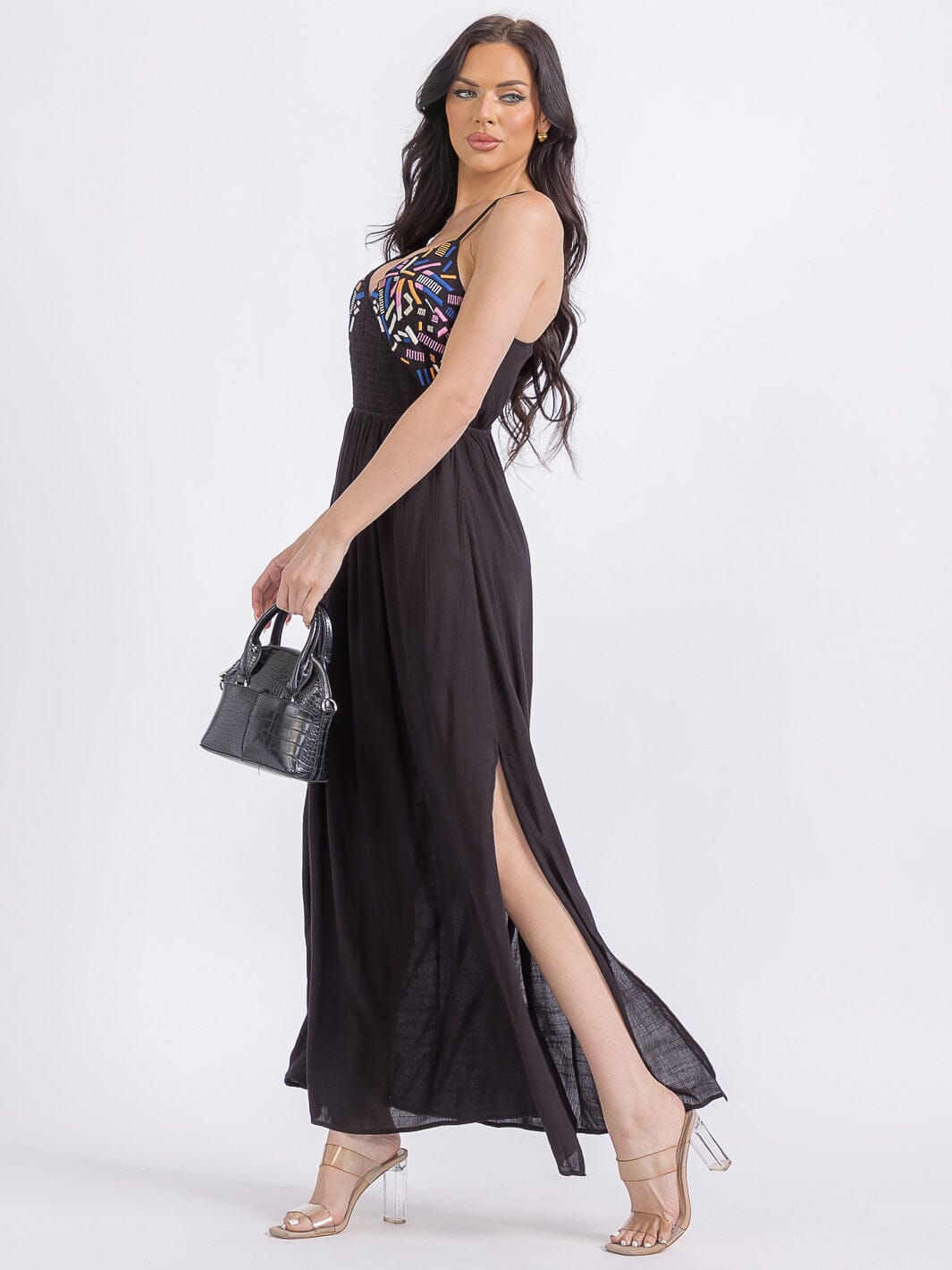 WOMEN'S SLEEVELESS V-NECK SMOCK OPEN BACK MAXI DRESS