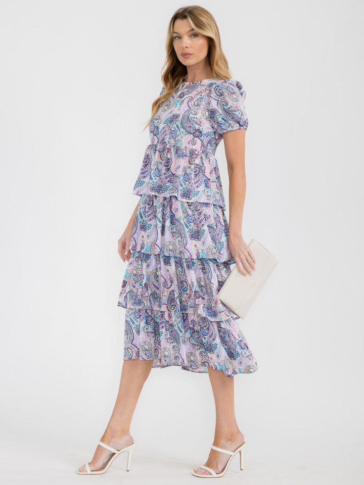 WOMEN'S SHORT PUFF SLEEVE TIERED PAISLEY PRINT MIDI DRESS