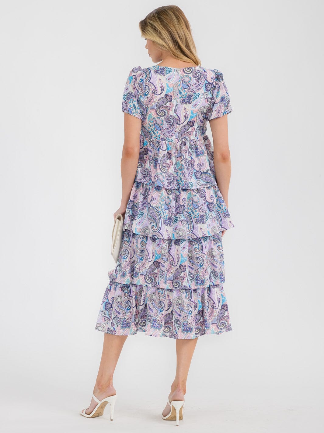 WOMEN'S SHORT PUFF SLEEVE TIERED PAISLEY PRINT MIDI DRESS