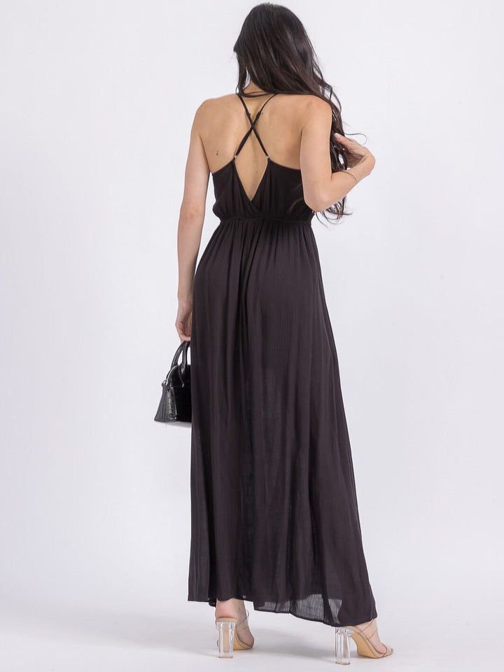 WOMEN'S SLEEVELESS V-NECK SMOCK OPEN BACK MAXI DRESS