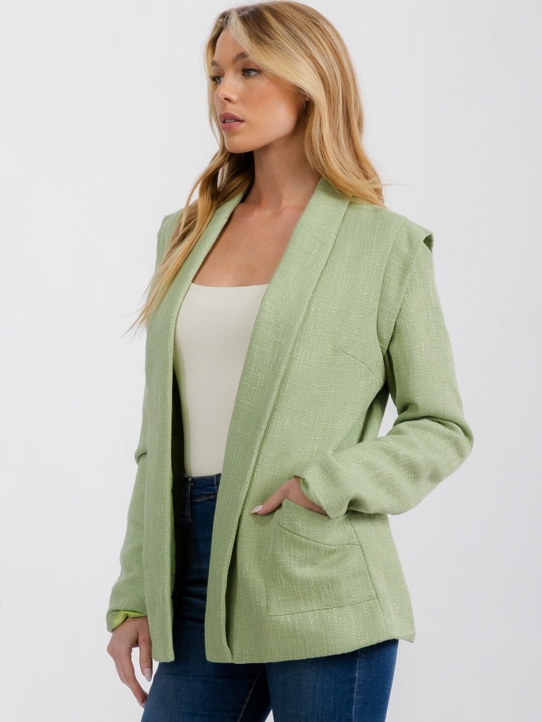 WOMEN'S LONG SLEEVE OPEN FRONT SHOULDER DETAILED BLAZER