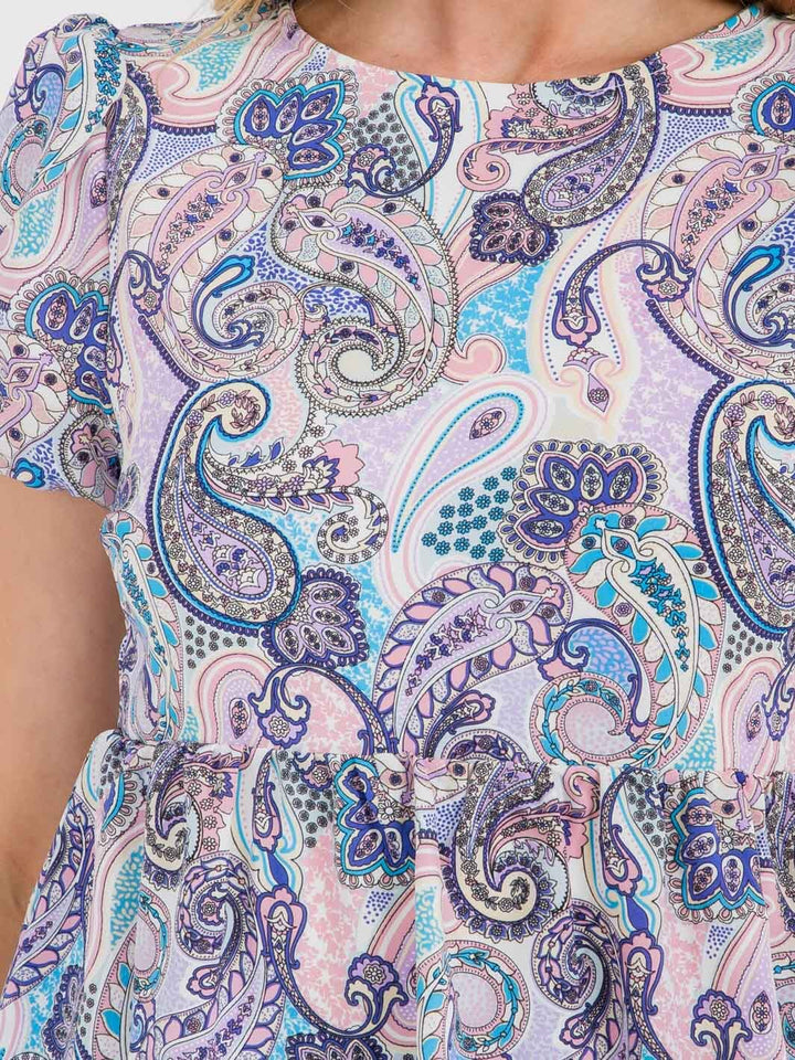 WOMEN'S SHORT PUFF SLEEVE TIERED PAISLEY PRINT MIDI DRESS