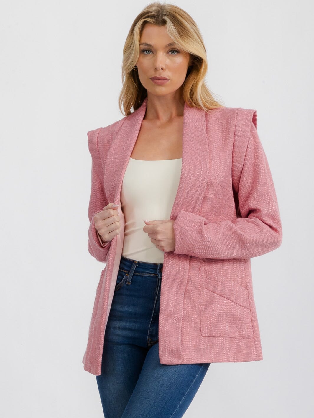 WOMEN'S LONG SLEEVE OPEN FRONT SHOULDER DETAILED BLAZER