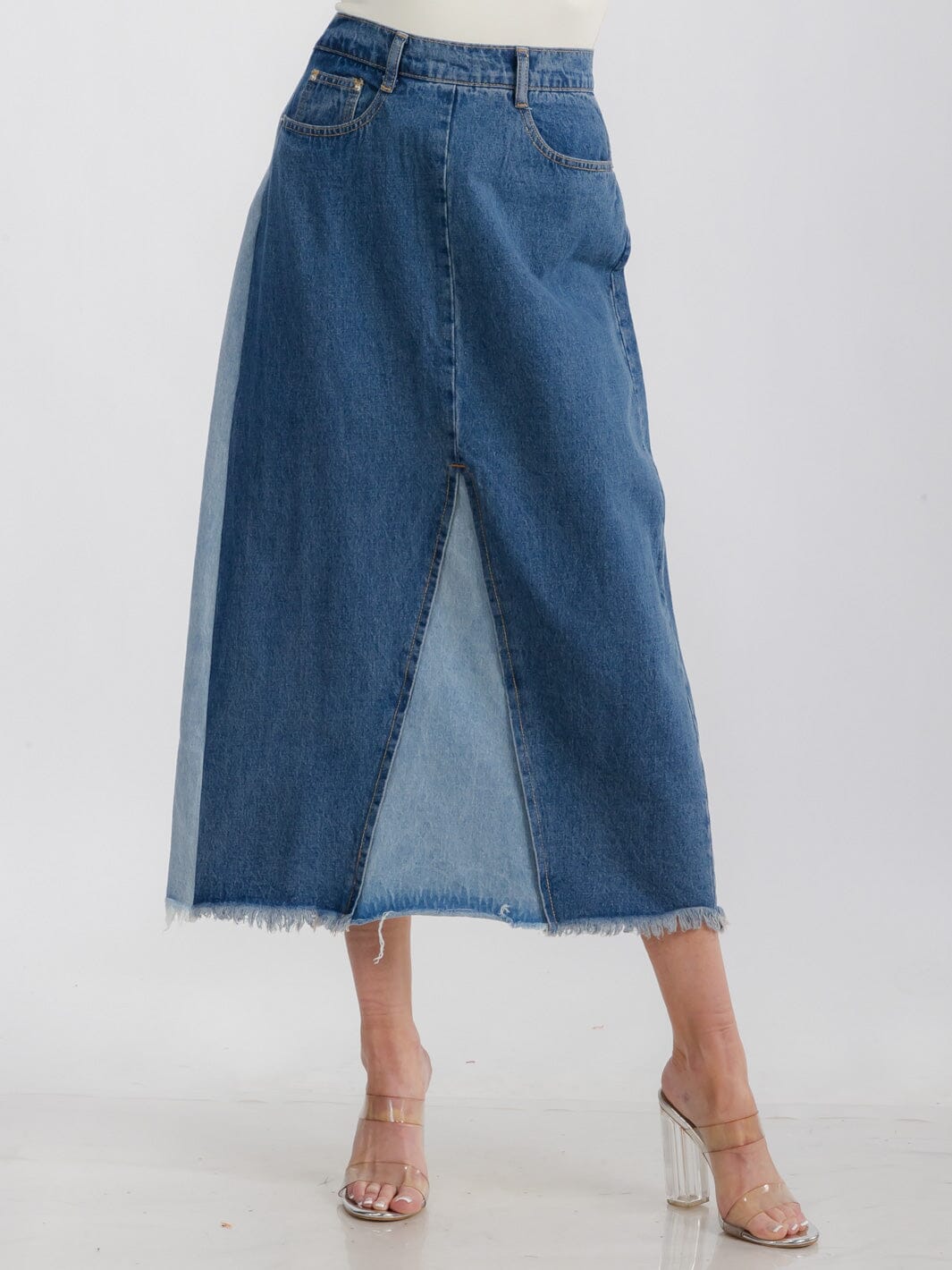 WOMEN'S BUTTON CLOSURE POCKETS 2-TONE DENIM MAXI SKIRT