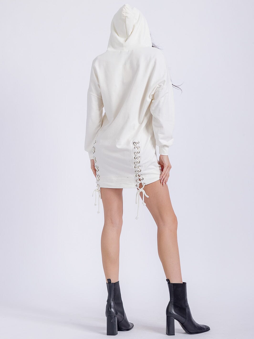 WOMEN'S LONG SLEEVE FRONT POCKETS WASHED HOODED GRAPHIC SWEATER MINI DRESS