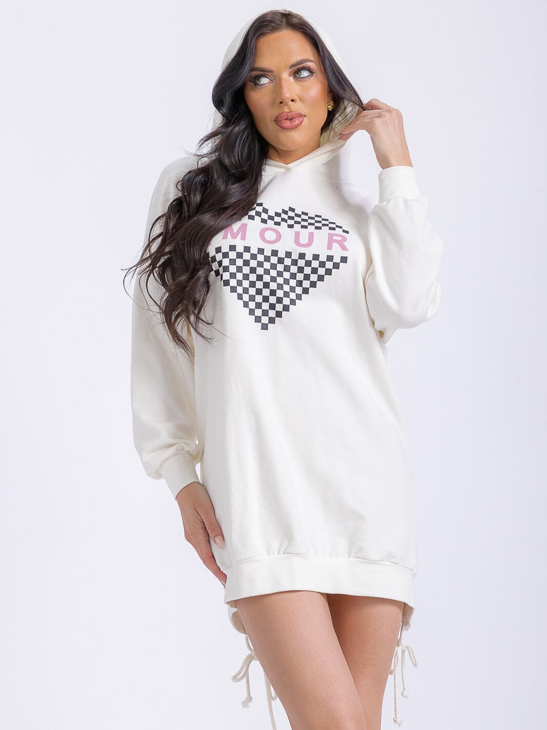 WOMEN'S LONG SLEEVE FRONT POCKETS WASHED HOODED GRAPHIC SWEATER MINI DRESS