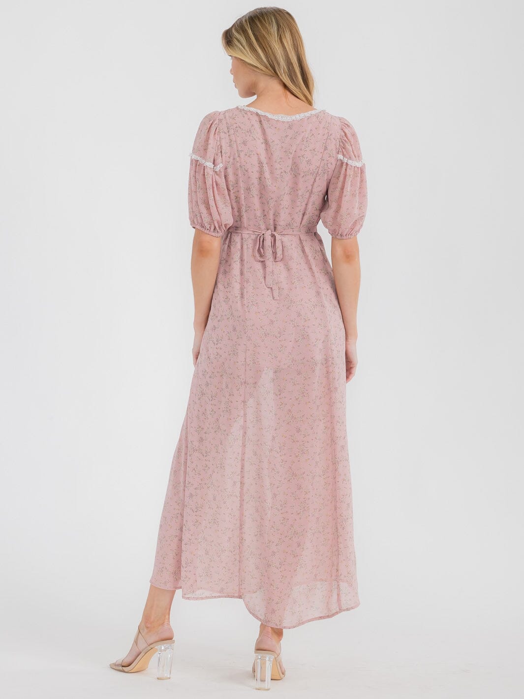 WOMEN'S SHORT SLEEVE V-NECK FRONT SLIT FLORAL MAXI DRESS