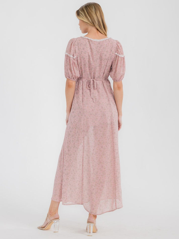 WOMEN'S SHORT SLEEVE V-NECK FRONT SLIT FLORAL MAXI DRESS