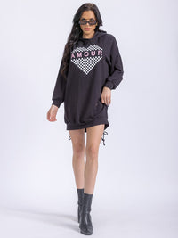 WOMEN'S LONG SLEEVE FRONT POCKETS WASHED HOODED GRAPHIC SWEATER MINI DRESS