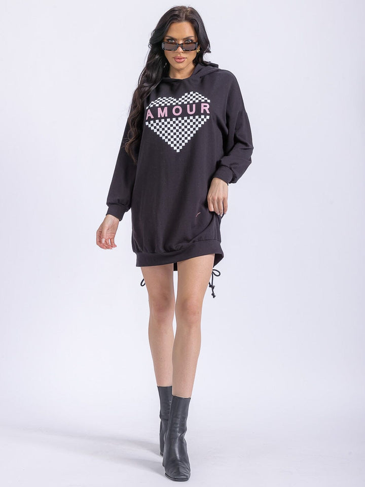 WOMEN'S LONG SLEEVE FRONT POCKETS WASHED HOODED GRAPHIC SWEATER MINI DRESS