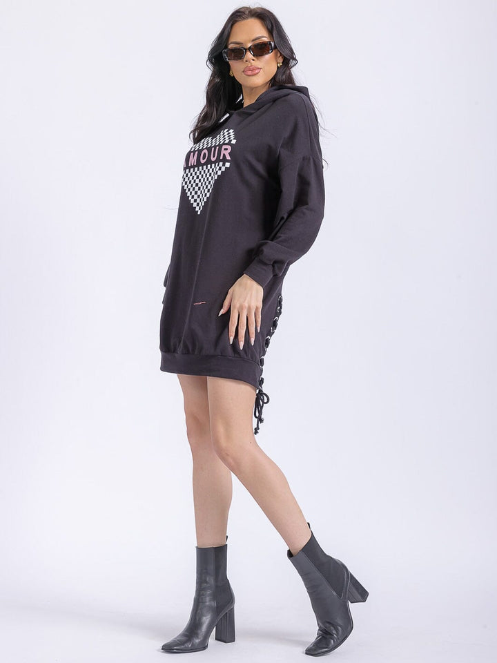 WOMEN'S LONG SLEEVE FRONT POCKETS WASHED HOODED GRAPHIC SWEATER MINI DRESS