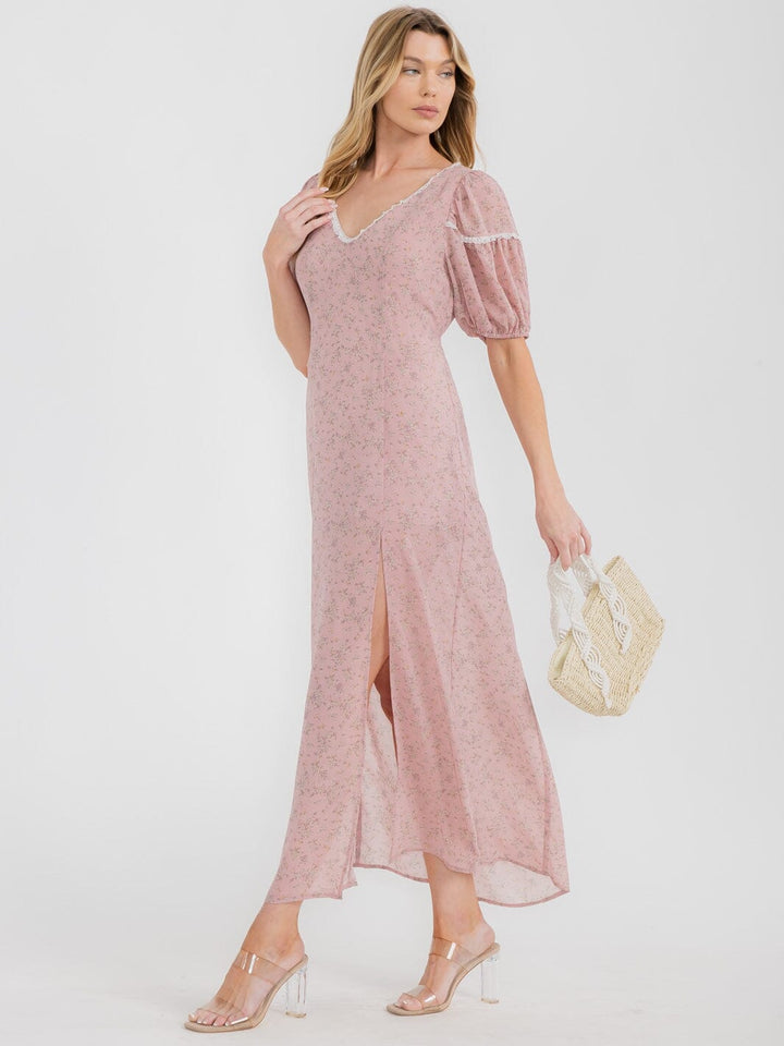 WOMEN'S SHORT SLEEVE V-NECK FRONT SLIT FLORAL MAXI DRESS