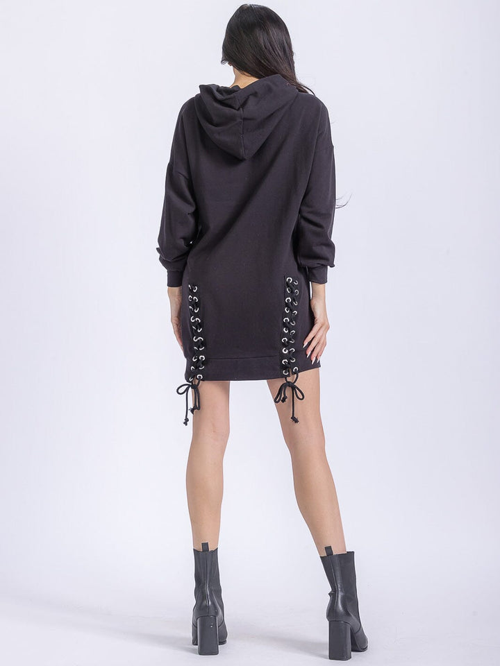 WOMEN'S LONG SLEEVE FRONT POCKETS WASHED HOODED GRAPHIC SWEATER MINI DRESS