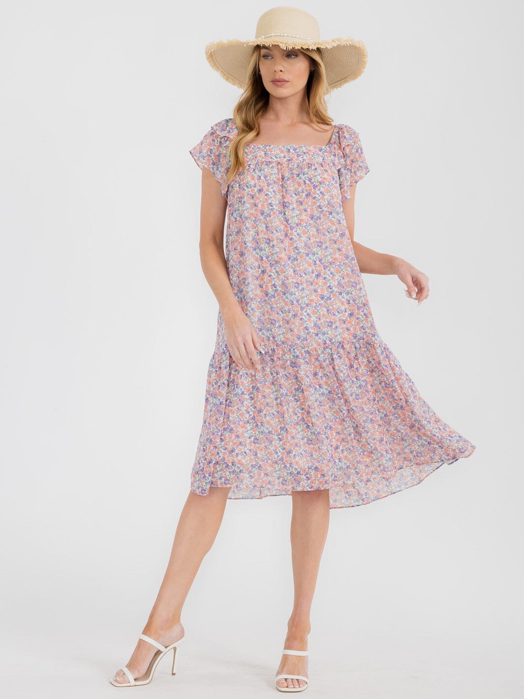 WOMEN'S SHORT SLEEVE SQUARE NECK TUNIC FLORAL MIDI DRESS