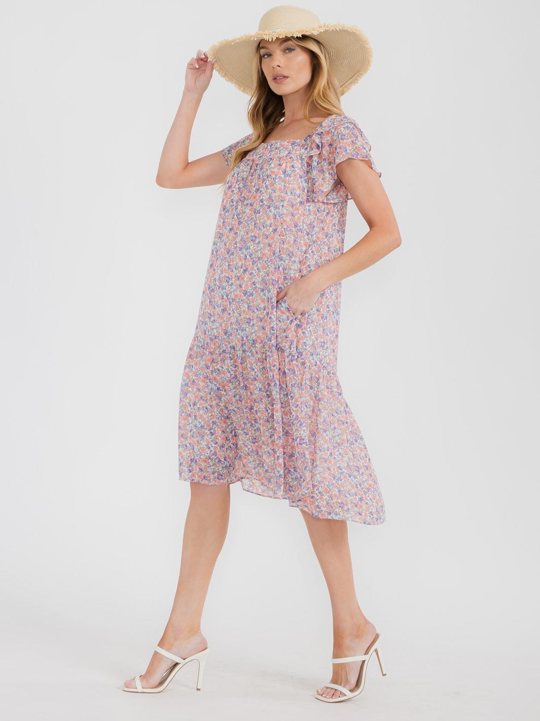 WOMEN'S SHORT SLEEVE SQUARE NECK TUNIC FLORAL MIDI DRESS