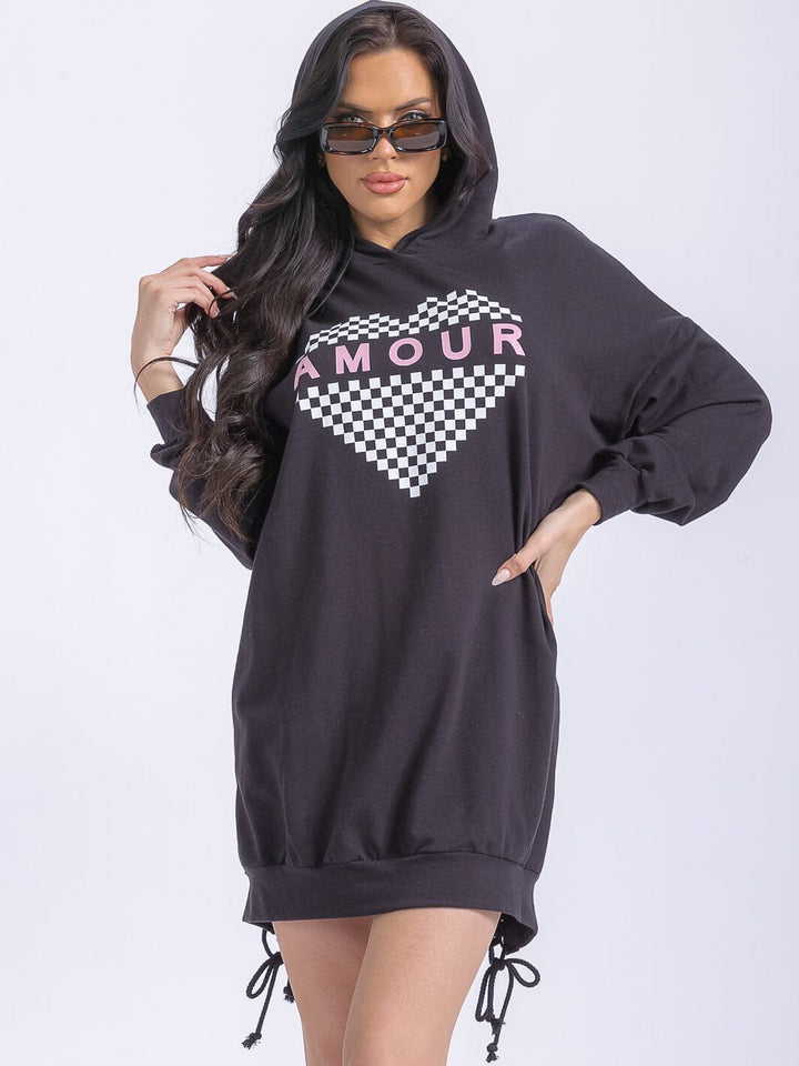 WOMEN'S LONG SLEEVE FRONT POCKETS WASHED HOODED GRAPHIC SWEATER MINI DRESS