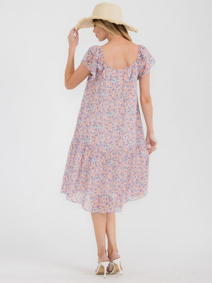 WOMEN'S SHORT SLEEVE SQUARE NECK TUNIC FLORAL MIDI DRESS