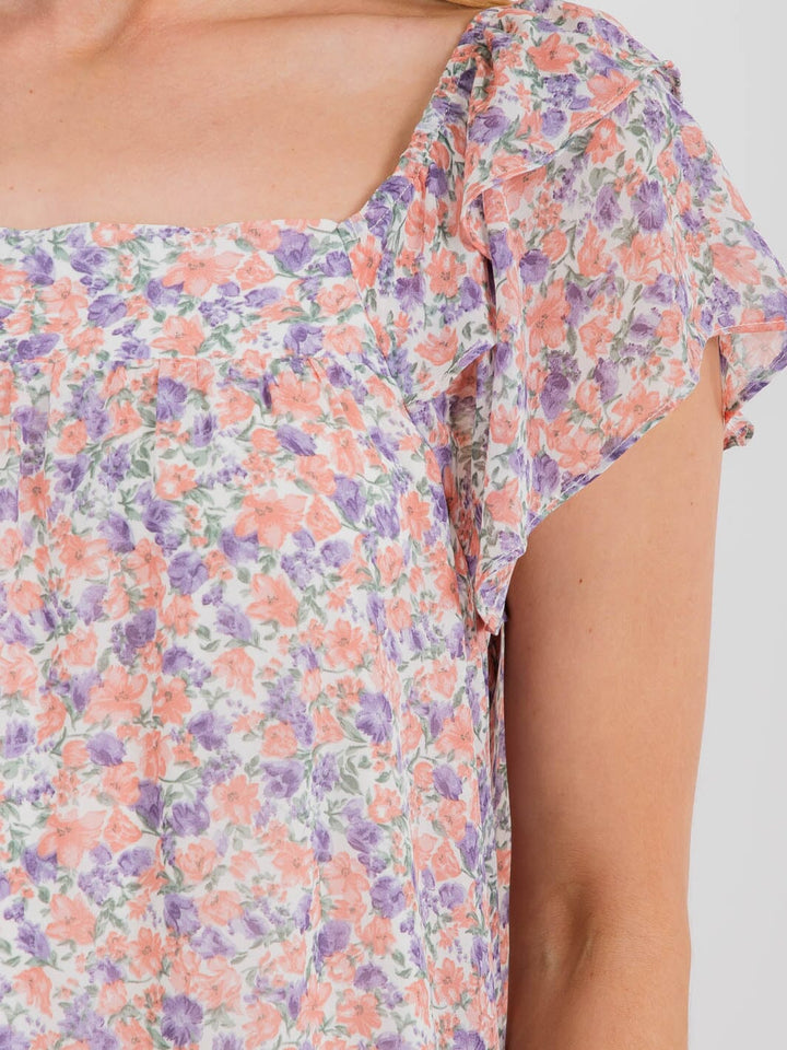 WOMEN'S SHORT SLEEVE SQUARE NECK TUNIC FLORAL MIDI DRESS