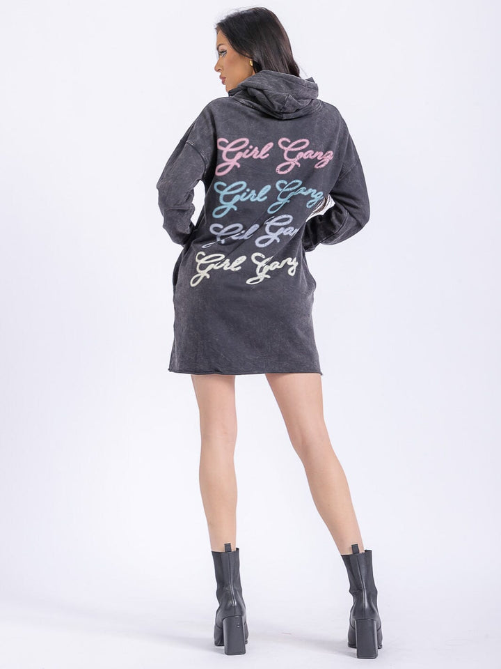 WOMEN'S LONG SLEEVE FRONT POCKETS WASHED HOODED GRAPHIC SWEATER MINI DRESS