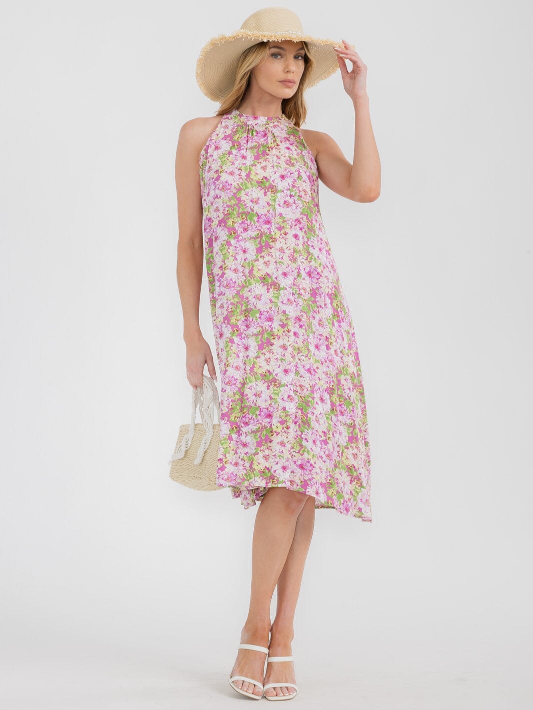 WOMEN'S SLEEVELESS HALTER NECK TUNIC FLORAL MIDI DRESS