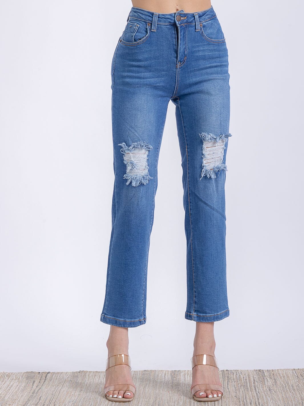 WOMEN'S BUTTON CLOSURE POCKETS DISTRESS HIGH STRETCH DENIM PANTS