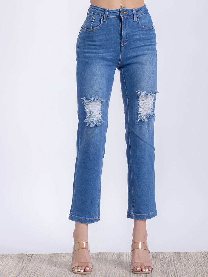 WOMEN'S BUTTON CLOSURE POCKETS DISTRESS HIGH STRETCH DENIM PANTS