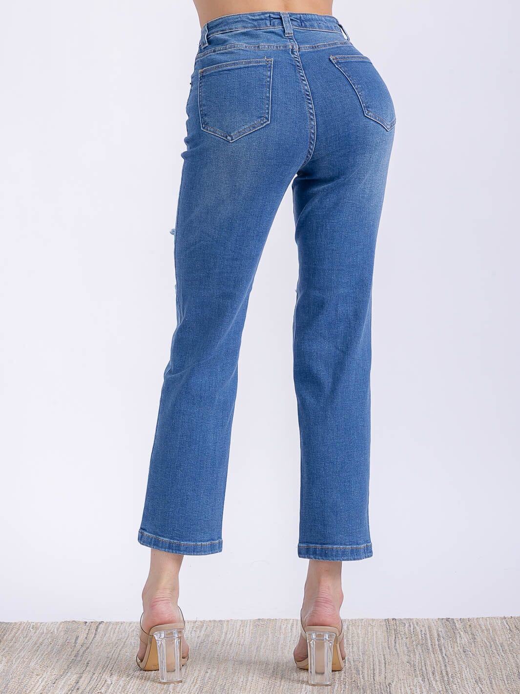 WOMEN'S BUTTON CLOSURE POCKETS DISTRESS HIGH STRETCH DENIM PANTS