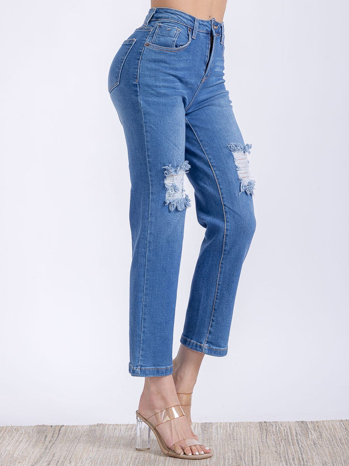 WOMEN'S BUTTON CLOSURE POCKETS DISTRESS HIGH STRETCH DENIM PANTS