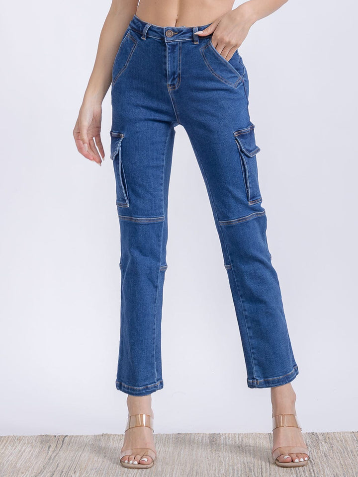 WOMEN'S BUTTON CLOSURE CARGO POCKETS HIGH STRETCH DENIM PANTS