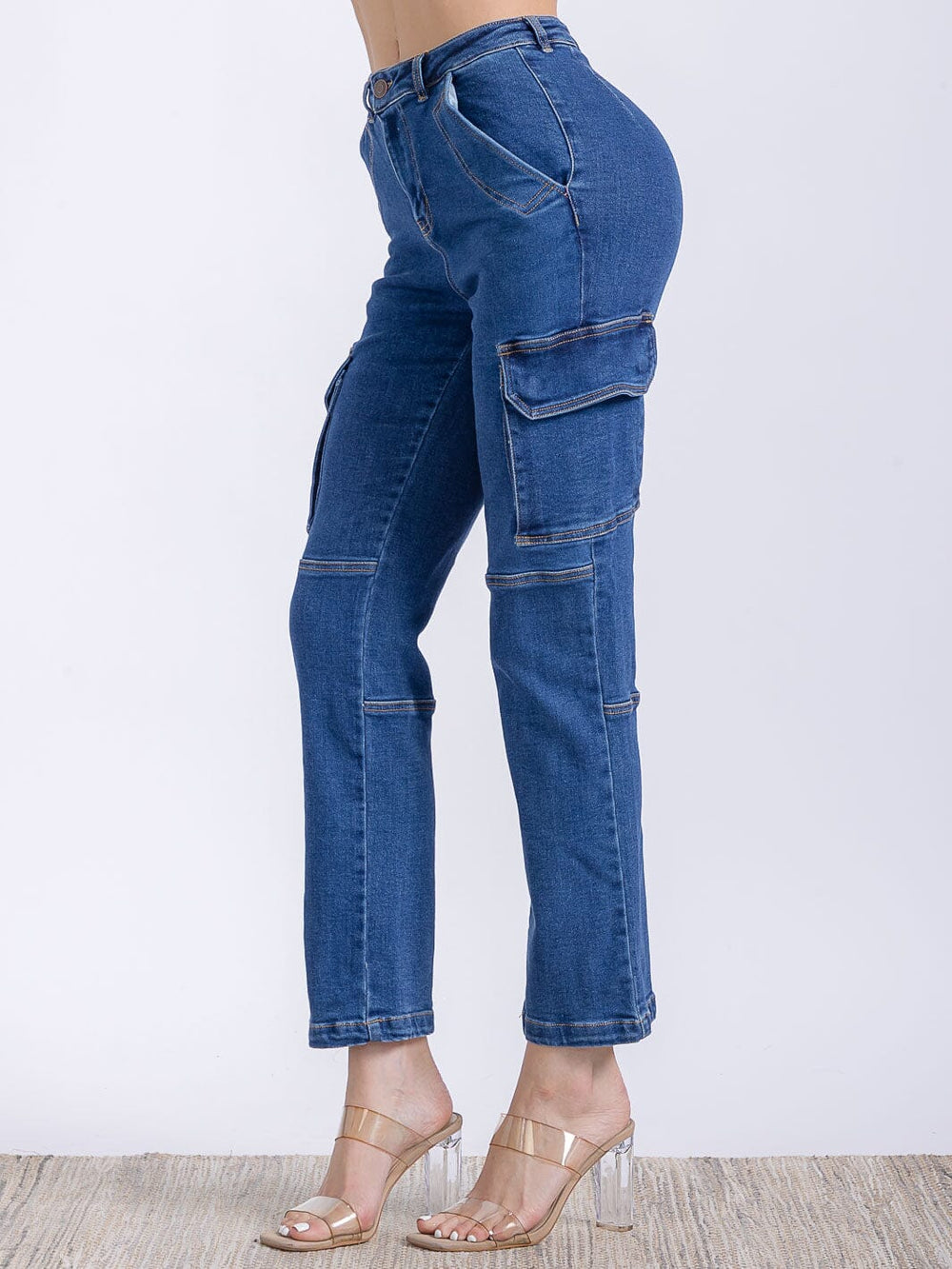WOMEN'S BUTTON CLOSURE CARGO POCKETS HIGH STRETCH DENIM PANTS