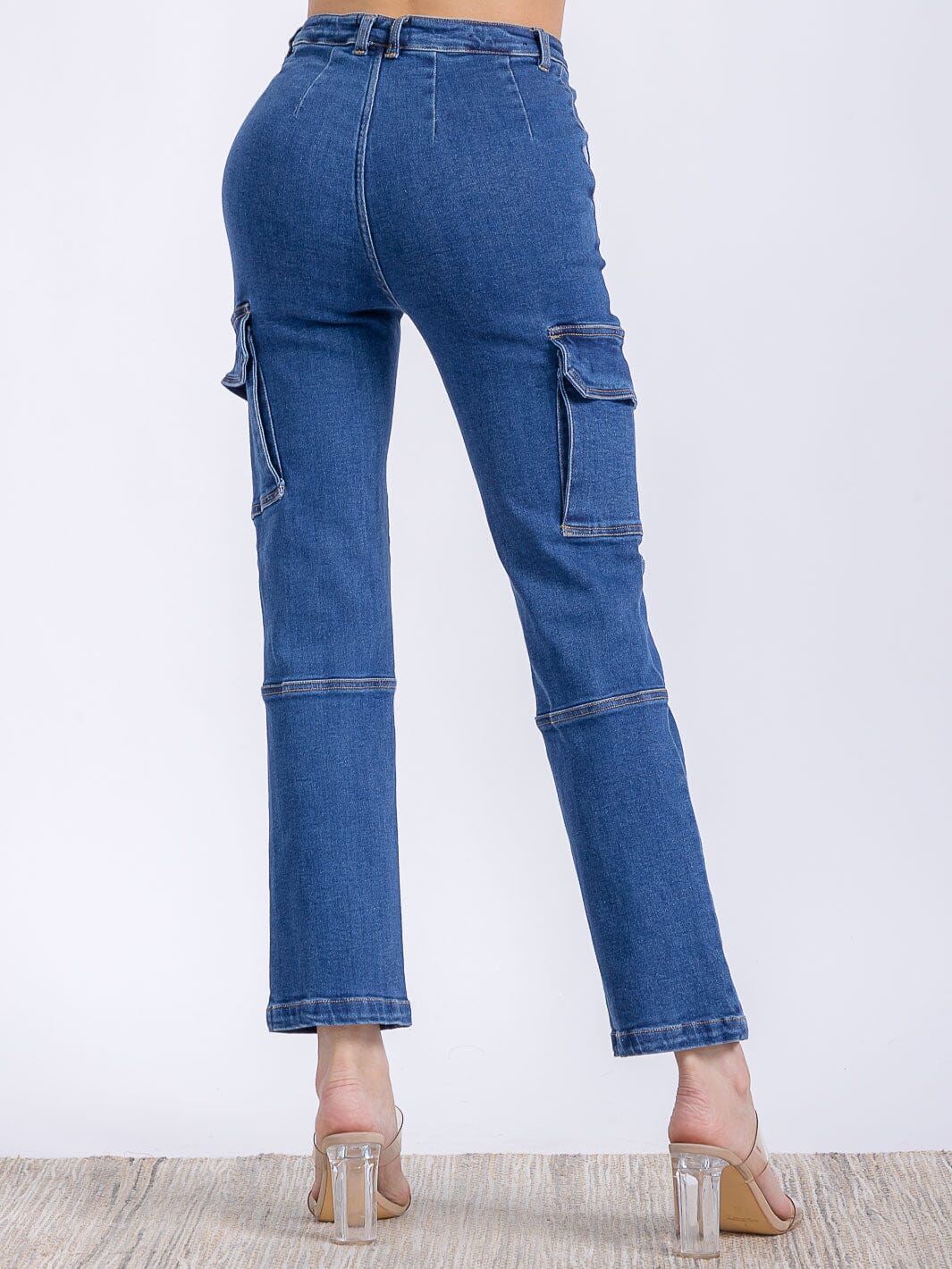 WOMEN'S BUTTON CLOSURE CARGO POCKETS HIGH STRETCH DENIM PANTS